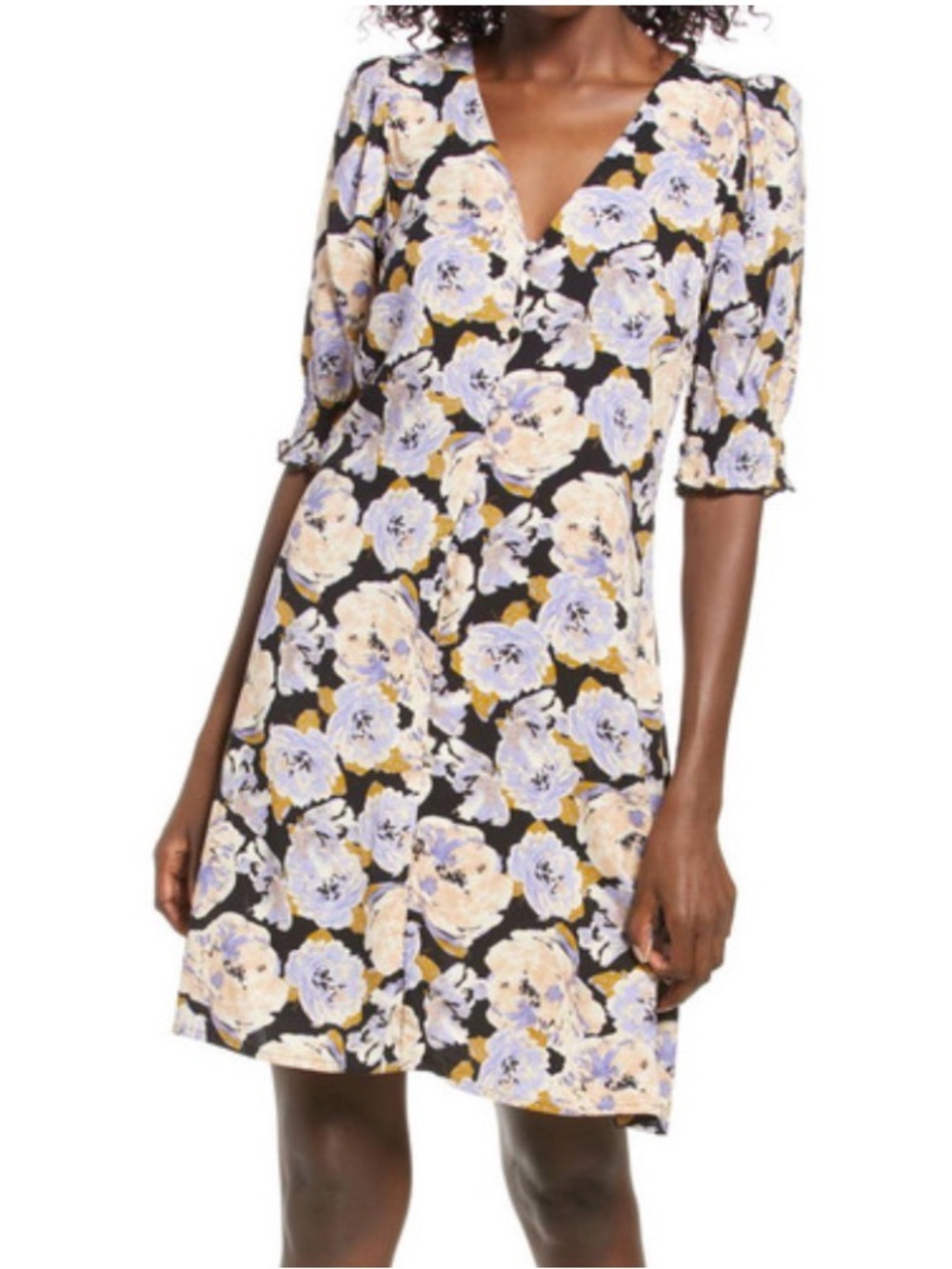 Vero Moda Black Floral Midi Dress with Lavender and Cream Blooms